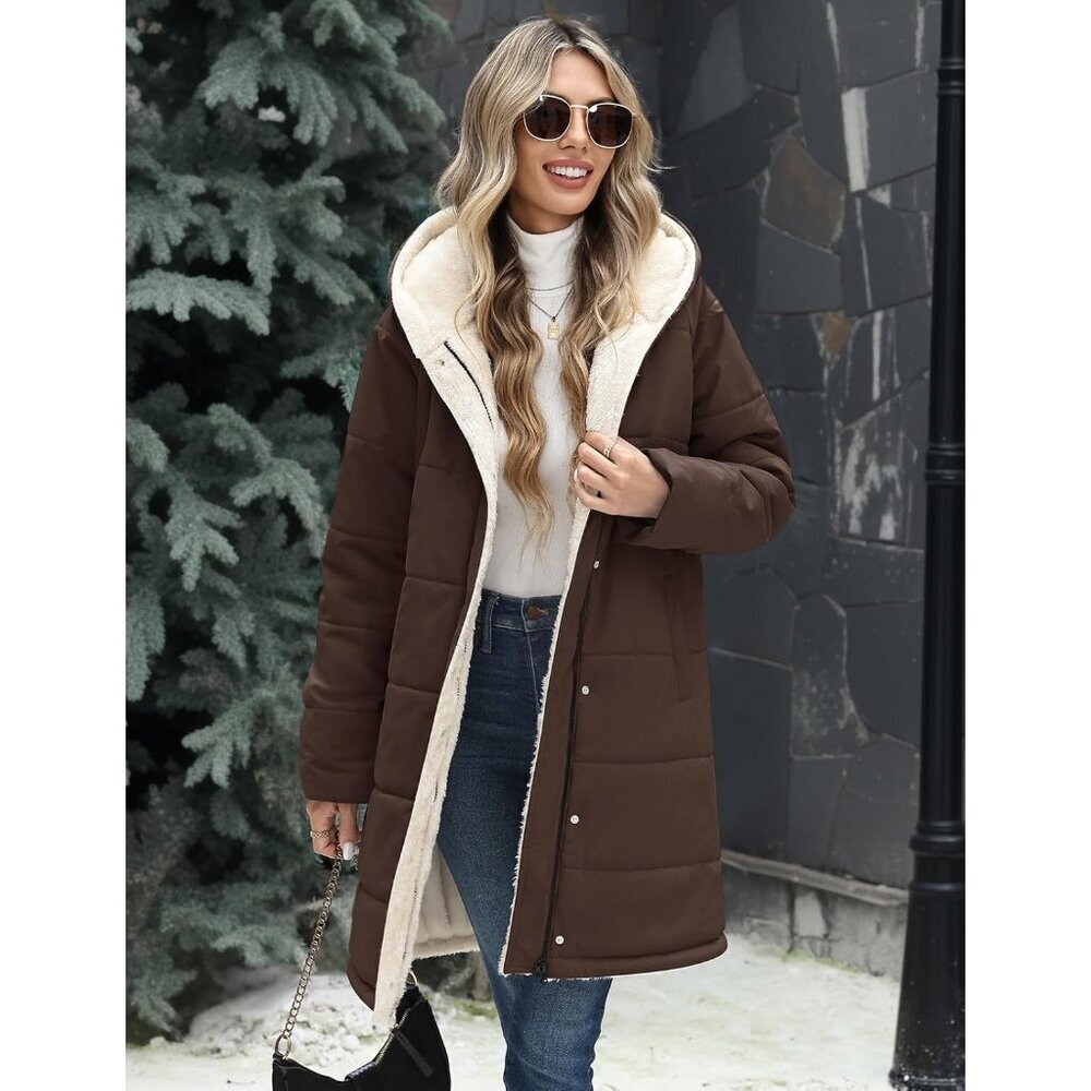 Women's Long Coffee Hooded Puffer Down Jacket Coat Fleece Warm Fashion Outerwear - Picture 9 of 9